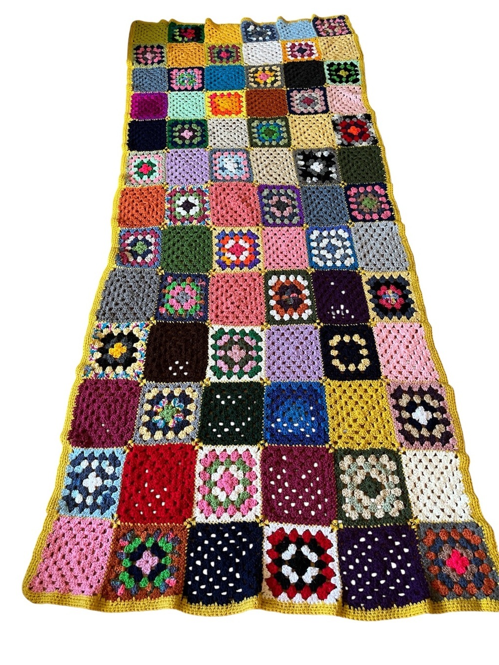 Handmade Crochet Granny Square Blanket - Multicolor with Yellow Border
